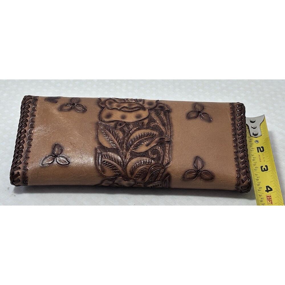 Vintage Crafted Hand Tooled Leather Brown Tan/2 tone Floral Personalized Wallet - Picture 9 of 11